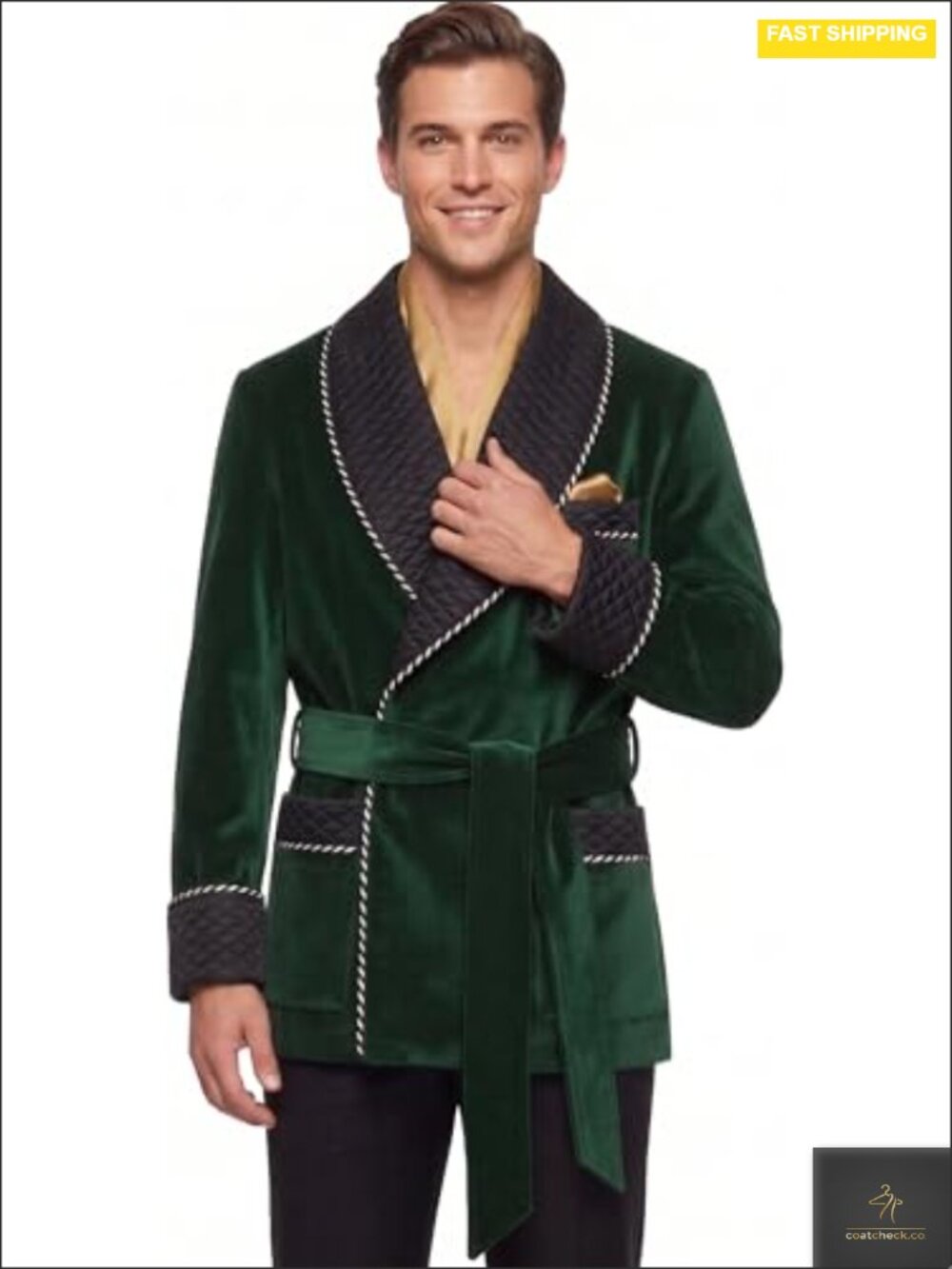 Men's Belted Smoking Jacket Velvet with Quilted Satin Collar, Party Host Robe